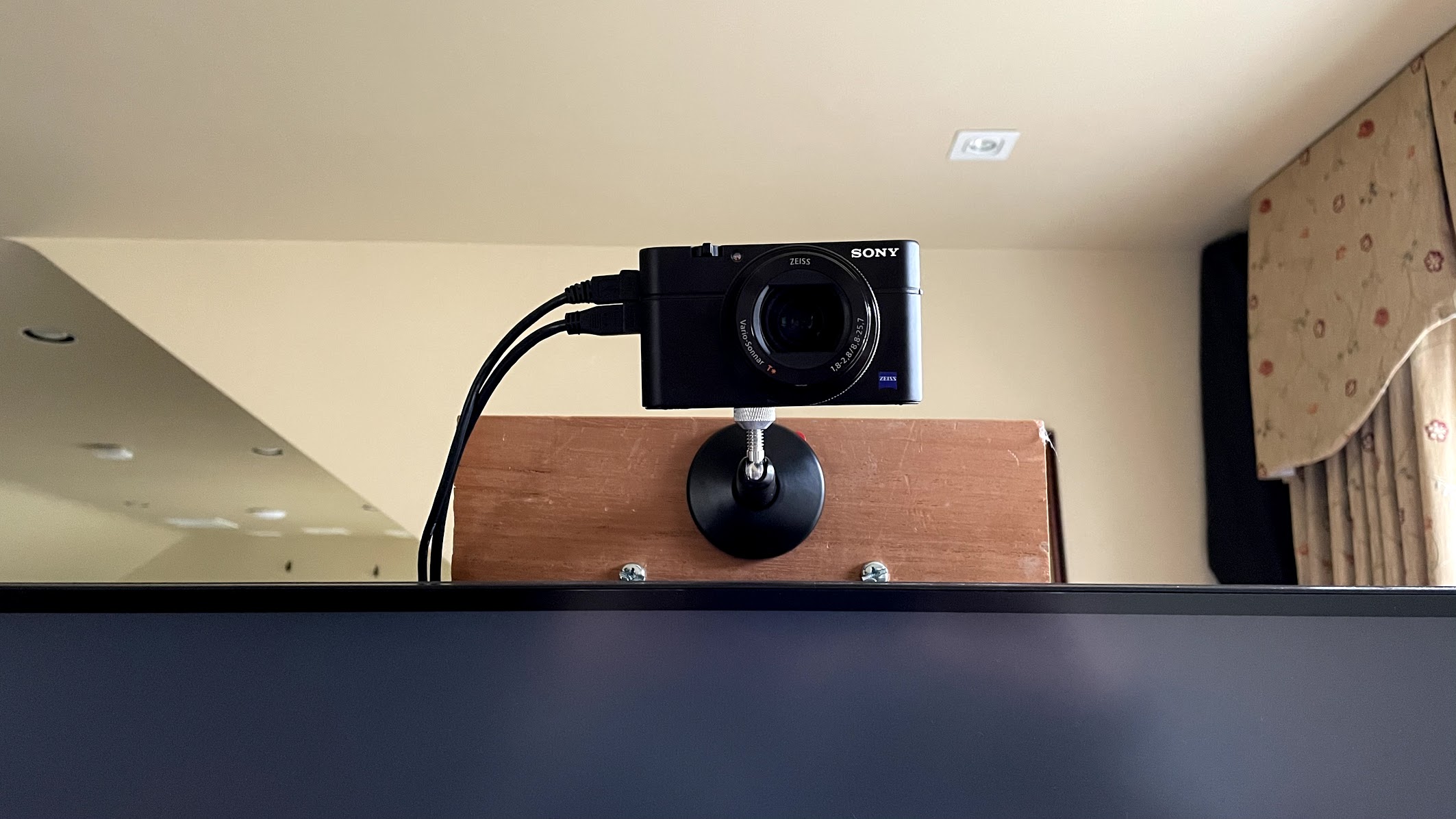Camera mounted above my monitor where a webcam would be